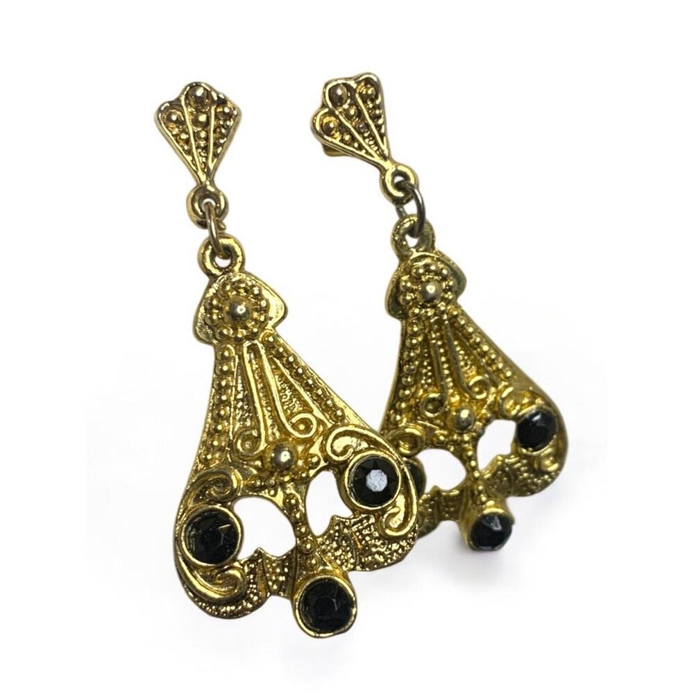 Goldtone Black Post Pierced Earrings Art Deco Style 2 Inch Drop